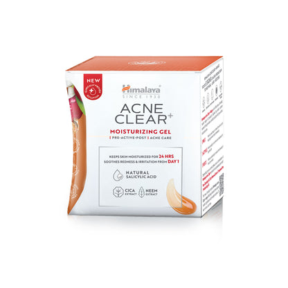 Himalaya Acne Clear+ Moisturizing Gel with natural salicylic acid for active acne and oily skin, in a clear gel form.