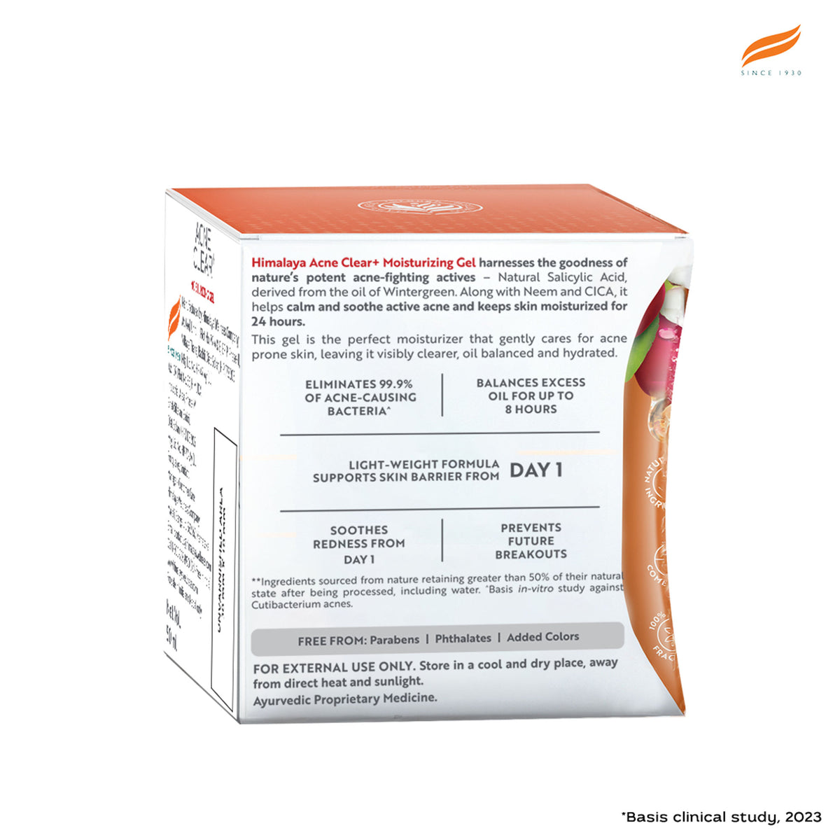 Himalaya Acne Clear+ Moisturizing Gel with natural salicylic acid for active acne and oily skin, shown in a tube with green and white packaging.
