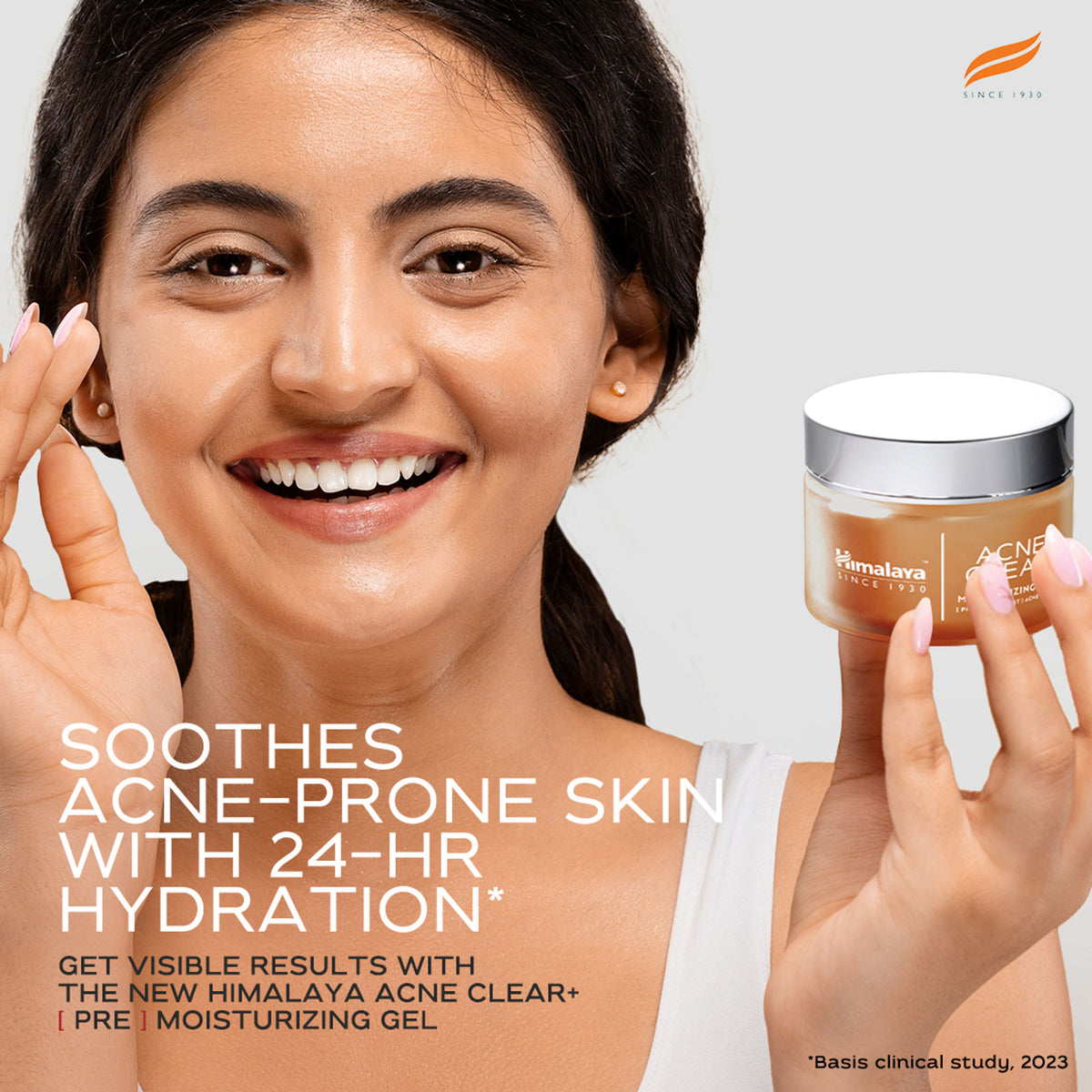 Himalaya Acne Clear+ Moisturizing Gel with natural salicylic acid for active acne and oily skin, shown in a tube with product label.