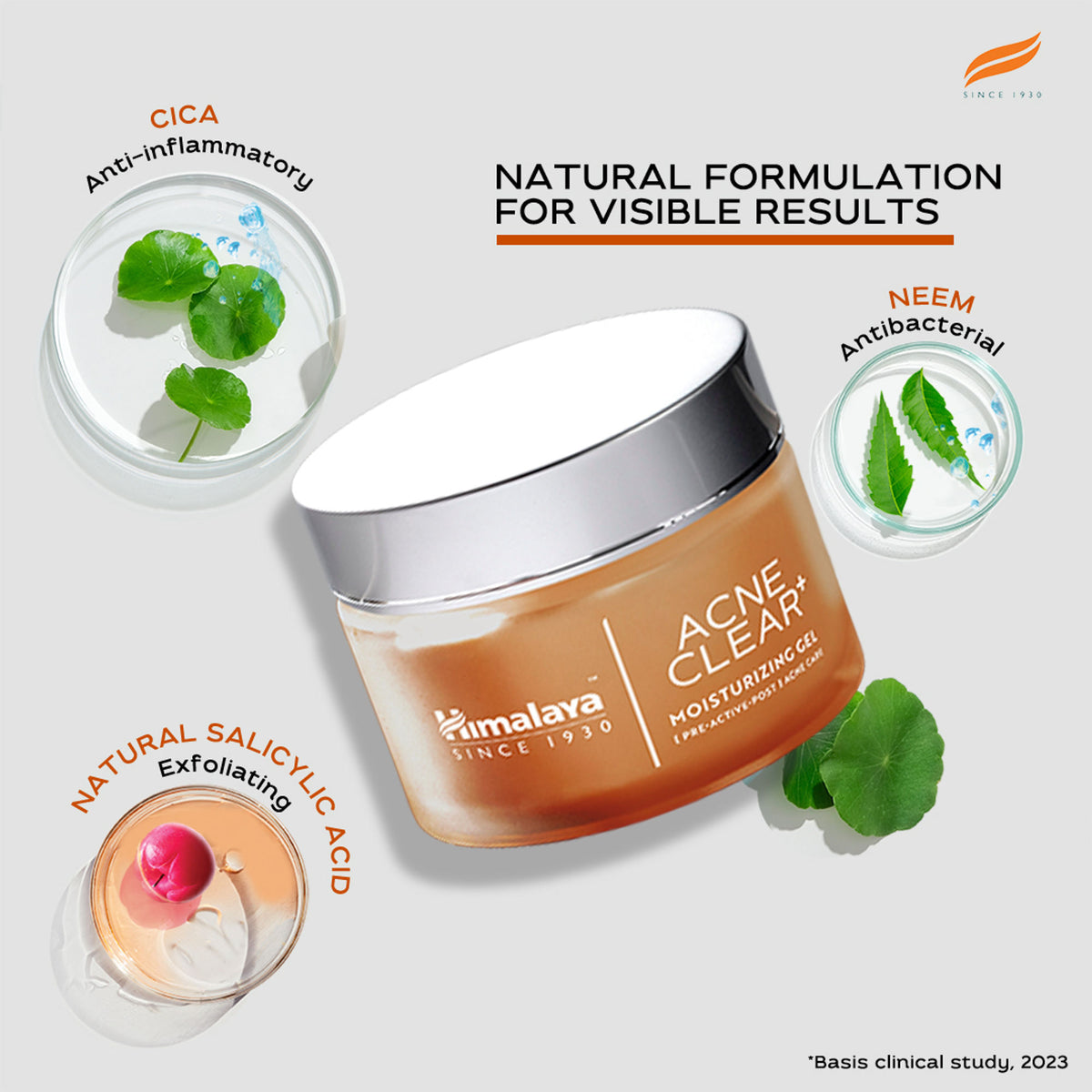 Himalaya Acne Clear+ Moisturizing Gel with natural salicylic acid for active acne and oily skin, visible in the product image.