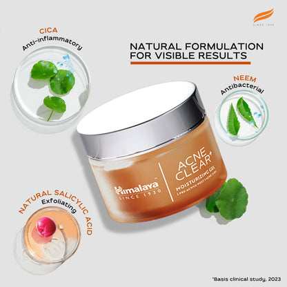 Himalaya Acne Clear+ Moisturizing Gel with natural salicylic acid for active acne and oily skin, visible in the product image.
