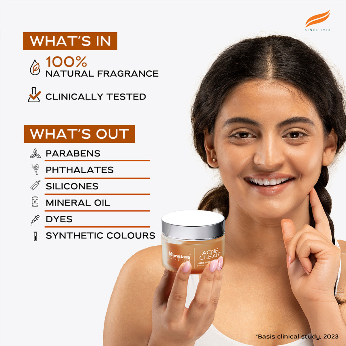 Himalaya Acne Clear+ Moisturizing Gel with natural salicylic acid for active acne and oily skin, shown in a tube with product label.