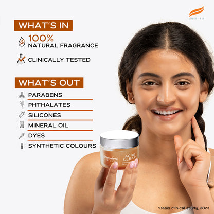 Himalaya Acne Clear+ Moisturizing Gel with natural salicylic acid for active acne and oily skin, shown in a tube with product label.