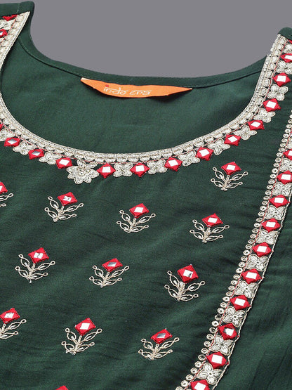 Indyancart IE Floral Embroidered Mirror Work Anarkali Kurta With Trousers & Dupatta