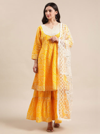 Indyancart VA Women's Mustard And White Bandhej Printed Flared Kurti With Sharara With Dupatta.