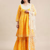 Indyancart VA Women's Mustard And White Bandhej Printed Flared Kurti With Sharara With Dupatta.