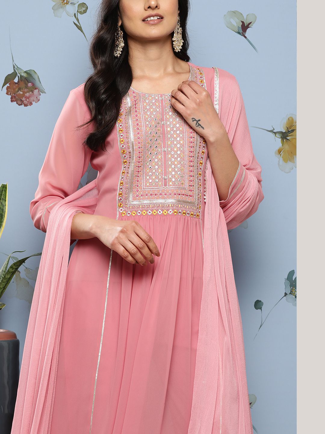 Indyancart VA Women's Ethnic Motifs Embroidered Sequinned Silk Georgette Kurta Set