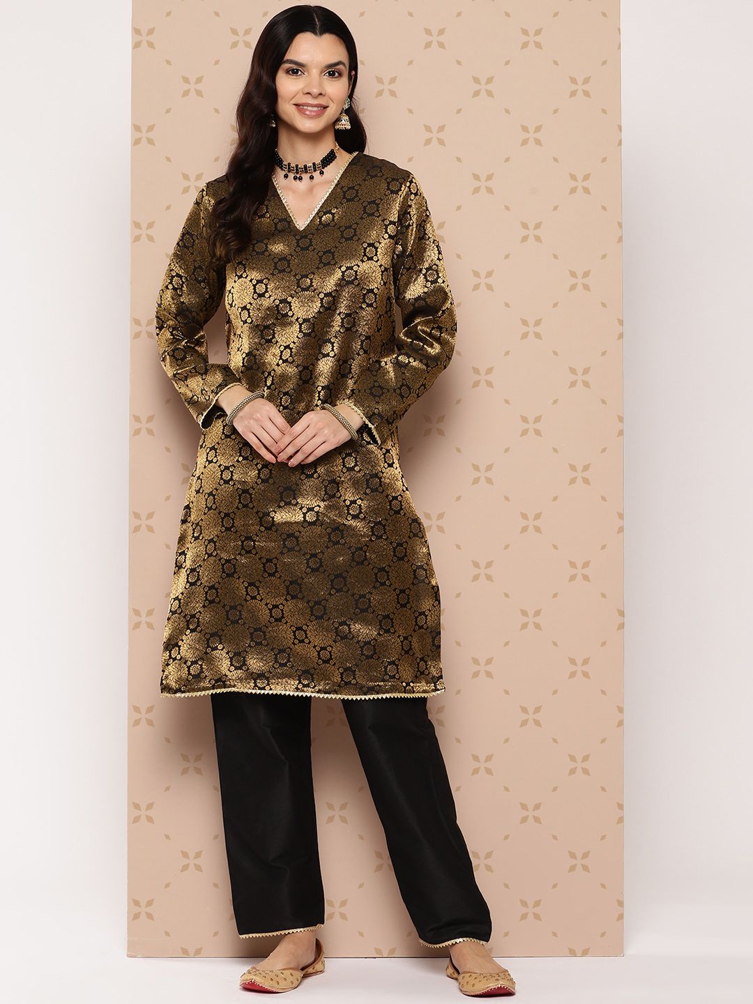 Indyancart SN Women's Zari Woven Gotta Patti Detailed Brocade Kurta with Trousers