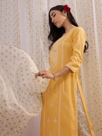 Indyancart IE Floral Embroidered Round Neck Three-Quarter Sleeves Straight Kurta