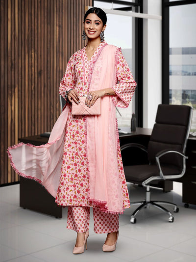 Indyancart VA Women'sJaipuri Floral Cotton Flared Sleeve Lace Detailed Kurta with Trouser & Dupatta