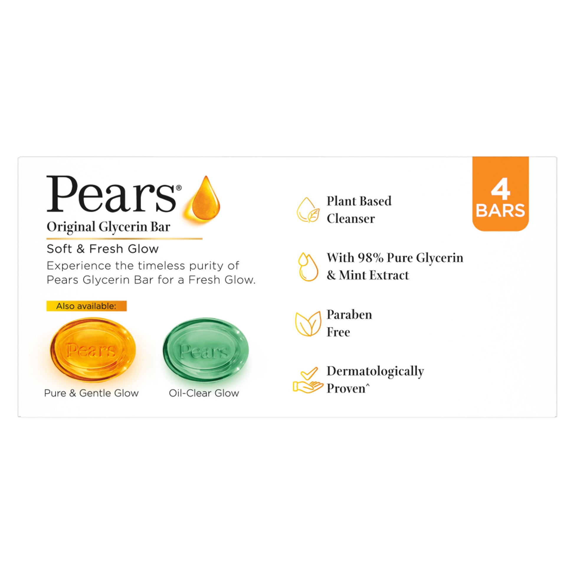 Pears Soft and Fresh Soap Bar Glycerin and Mint Body Soaps - Pack of 4