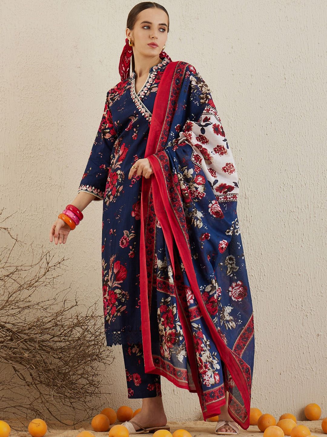 Indyancart IE Plus Size Floral Printed Angrakha Pure Cotton Kurta Trousers & Dupatta