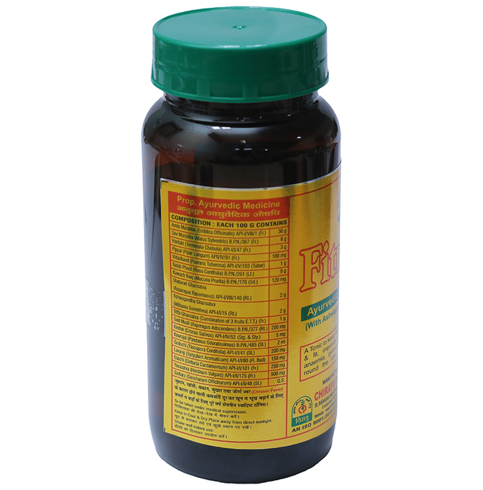 Chirayu Fitness Malt, Ayurvedic supplement in a glass jar with a scoop, showcasing the herbal product packaging and ingredients.