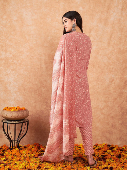 Dhiyona IE Floral Embroidered Regular Thread Work Cotton Kurta with Trousers & Dupatta