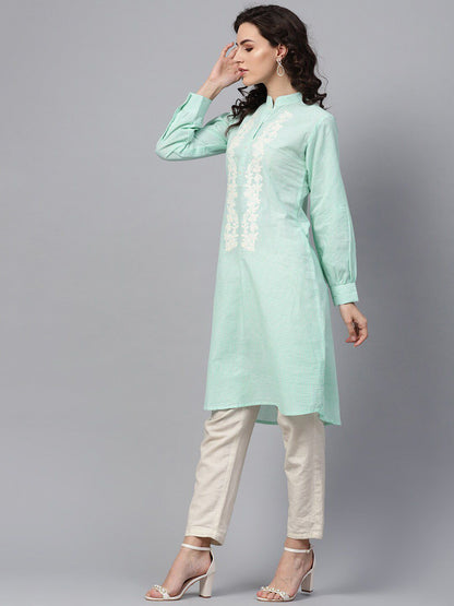 Indyancart IE Women Sea Green Checked Kurta