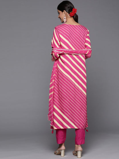 Indyancart VA Women's Leheriya Printed Kurta with Trousers & With Dupatta