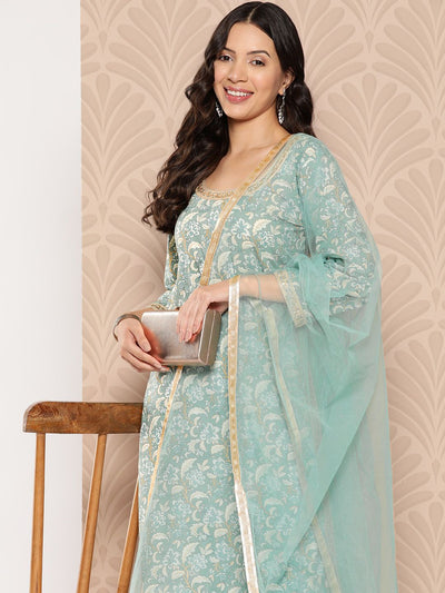 Indyancart VA Women'sFloral Printed Regular Pure Cotton Kurta with Palazzos & Dupatta