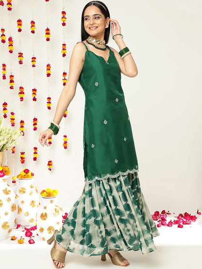 Indyancart VA Women'sEthnic Motifs Embroidered Sleeveless Kurta & Sharara With Dupatta