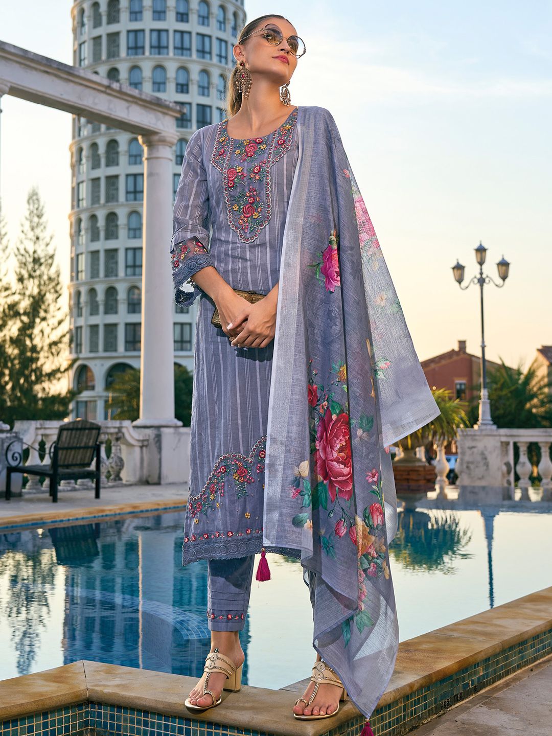 Indyancart IE Grey Floral Embroidered Thread Work Pure Cotton Kurta with Trousers & Dupatta