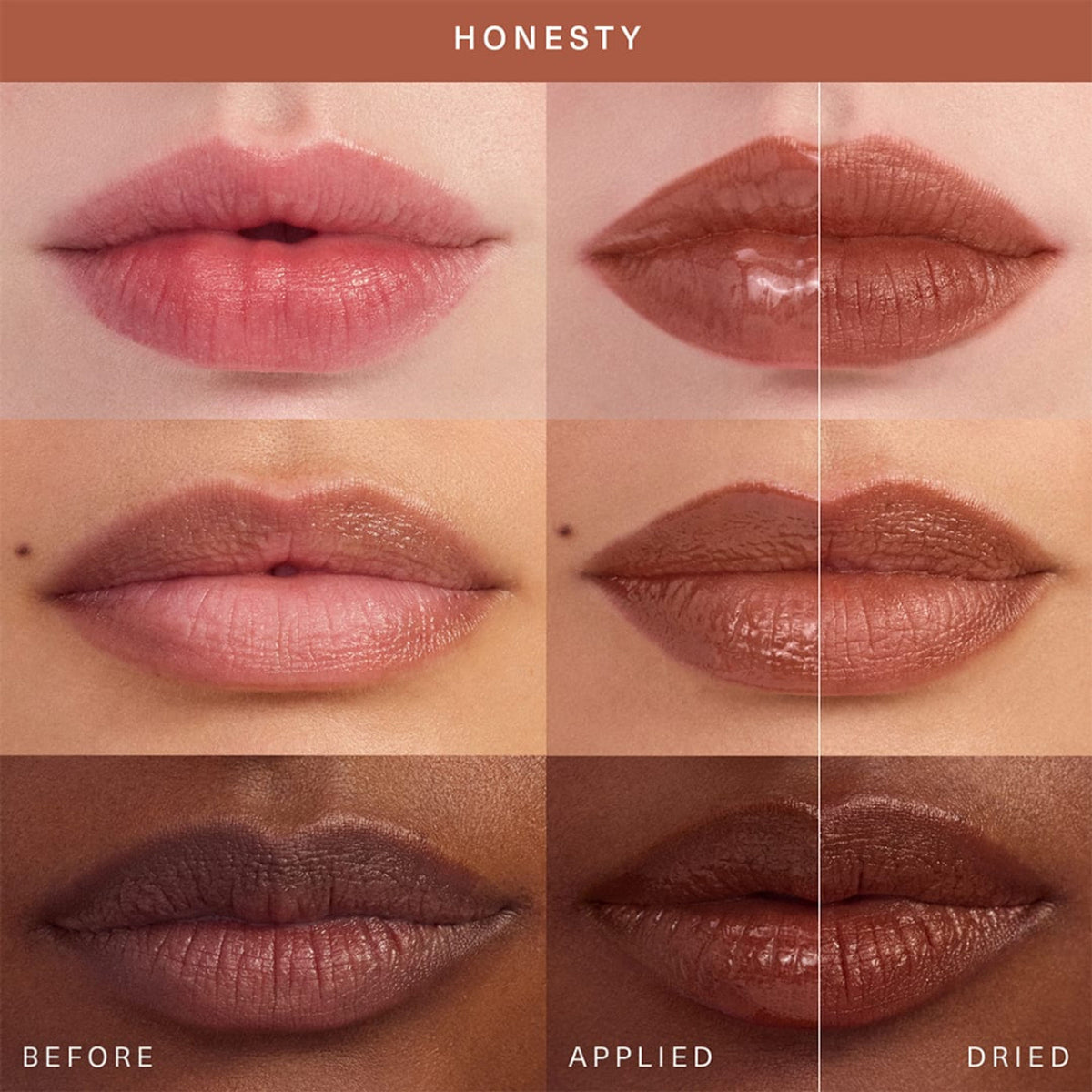 Rare Beauty Soft Pinch Tinted Lip Oil in Honesty, featuring a close-up of the lip product with a sleek packaging design.