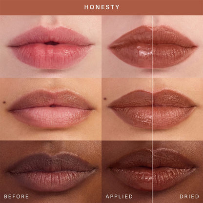Rare Beauty Soft Pinch Tinted Lip Oil in Honesty, featuring a close-up of the lip product with a sleek packaging design.