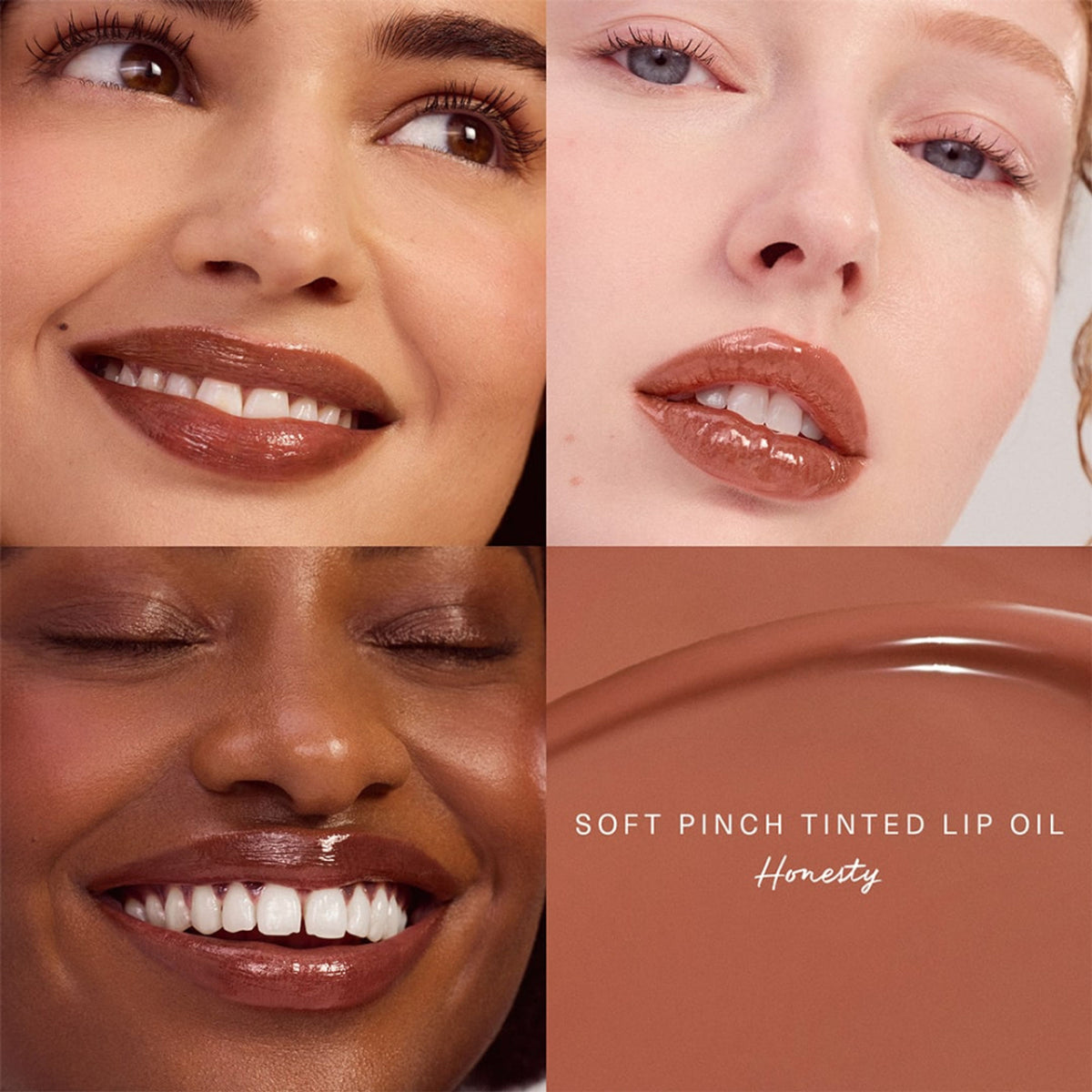 Rare Beauty Soft Pinch Tinted Lip Oil in Honesty, clear tube showing the nourishing lip oil with a soft tint and applicator.