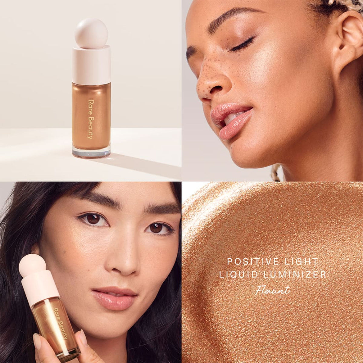 Rare Beauty Positive Light Liquid Luminizer in Flaunt, a radiant liquid highlighter with a sleek bottle and luminous finish.