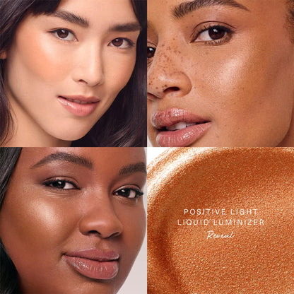 Rare Beauty Positive Light Liquid Luminizer in Reveal, a radiant liquid highlighter with a sleek bottle and illuminating finish.