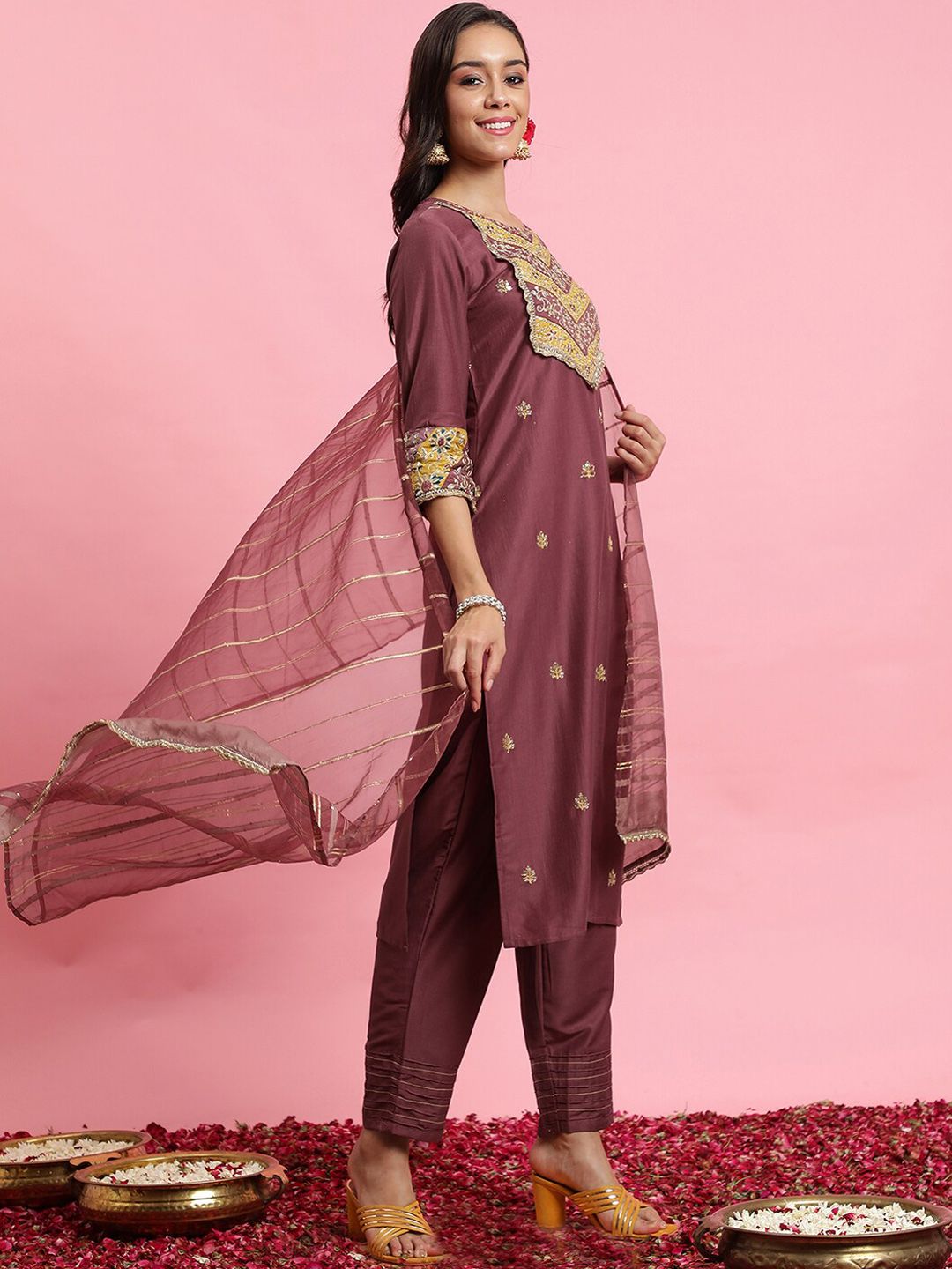 Ethnic Motifs Embroidered Sequinned Kurta With Trousers & Dupatta