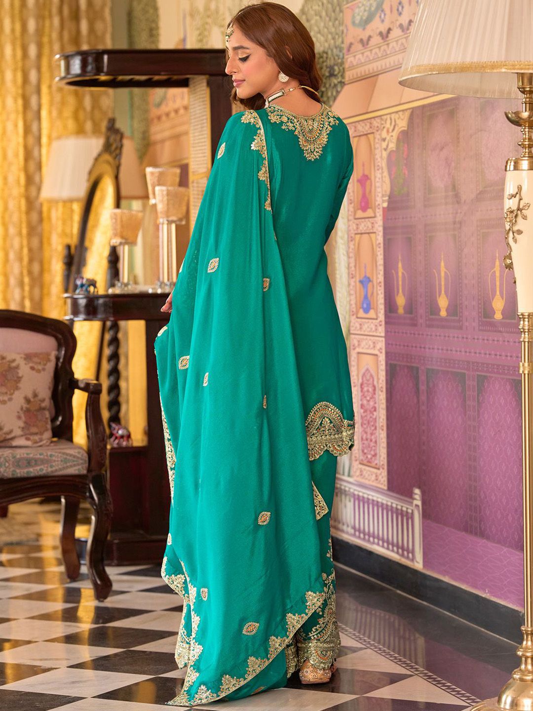 Floral Embroidered Sequinned Chinon A-Line Kurta With Palazzos & Dupatta