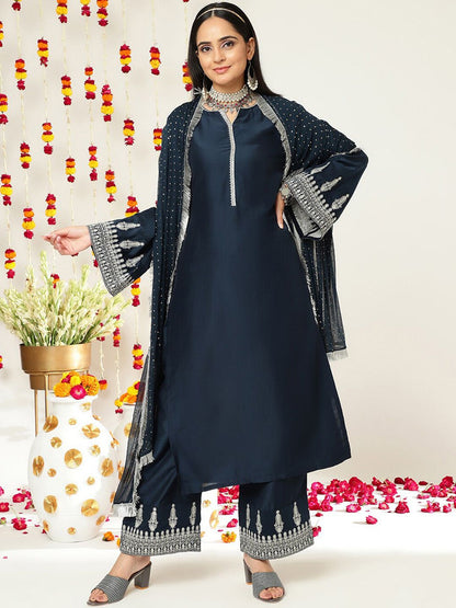 Indyancart VA Women'sEthnic Motifs Zari Embroidered Regular Kurta With Trousers & With Dupatta