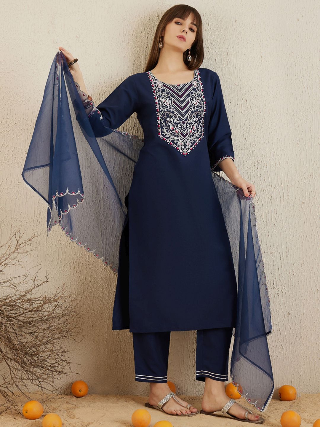Indyancart IE Ethnic Motifs Yoke Design Round Neck Thread Work Kurta with Trousers & Dupatta