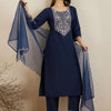 Indyancart IE Ethnic Motifs Yoke Design Round Neck Thread Work Kurta with Trousers & Dupatta
