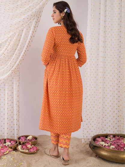 Indyancart IE Floral Printed Pure Cotton V Neck A-Line Tunic And Trousers