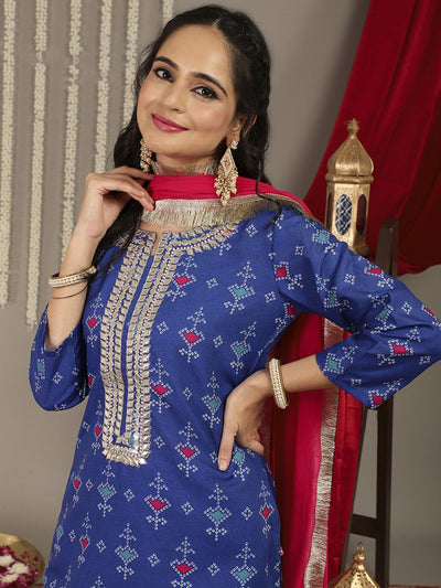 Indyancart VA Women's Blue Bandhani Printed Gotta Patti Kurta with Trousers & Dupatta