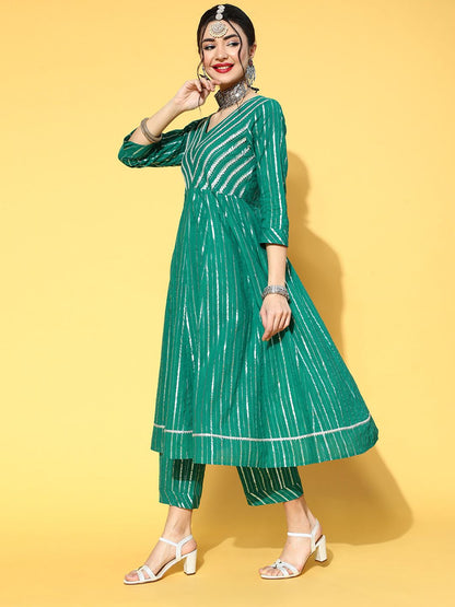 Indyancart VA Women's Green & Silver Striped Gotta Patti Kurta Set