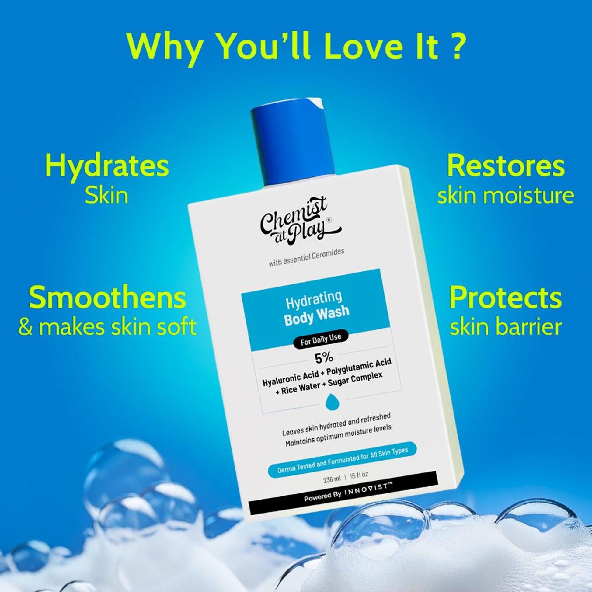 Chemist at Play Hyaluronic Acid Hydrating Body Wash, Best for Moisturization & Barrier Repair