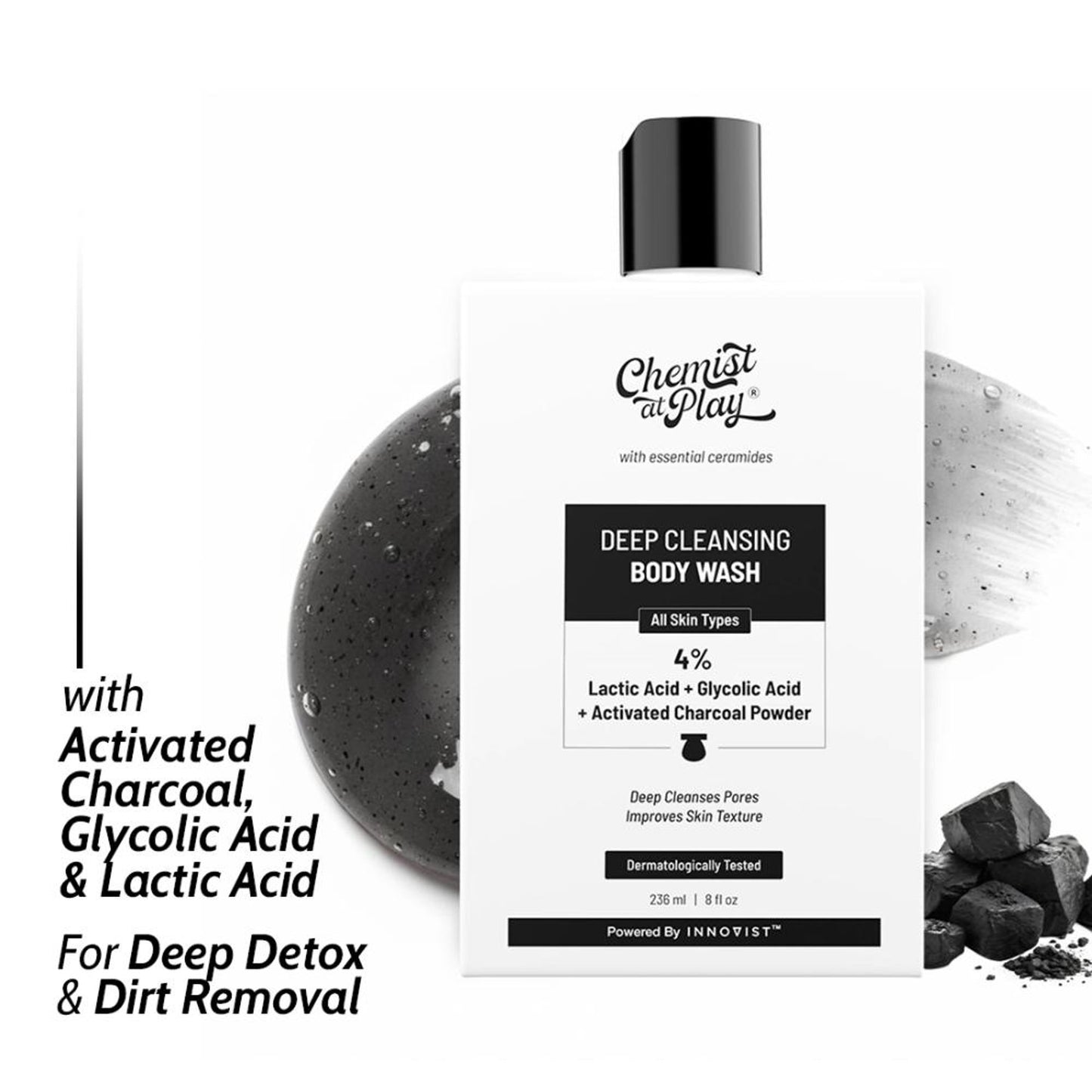 Chemist at Play Deep Cleansing Body Wash, Glycolic Acid & Charcoal Cleanse Pores,Detox & Control Oil