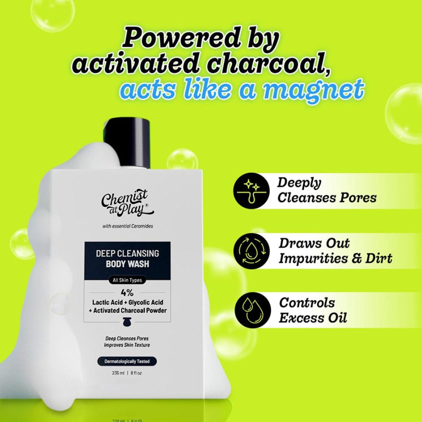 Chemist at Play Deep Cleansing Body Wash, Glycolic Acid & Charcoal Cleanse Pores,Detox & Control Oil