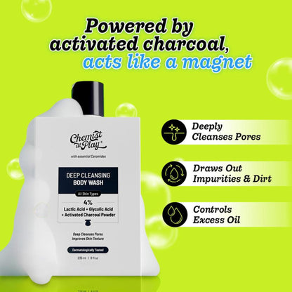 Chemist at Play Deep Cleansing Body Wash, Glycolic Acid & Charcoal Cleanse Pores,Detox & Control Oil