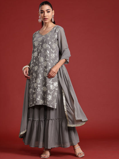 Indyancart IE Floral Embroidered Sequinned Kurta With Sharara & Dupatta