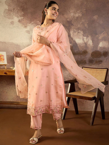 Women Floral Embroidered Round Neck Sequinned Kurta with Trousers & Dupatta