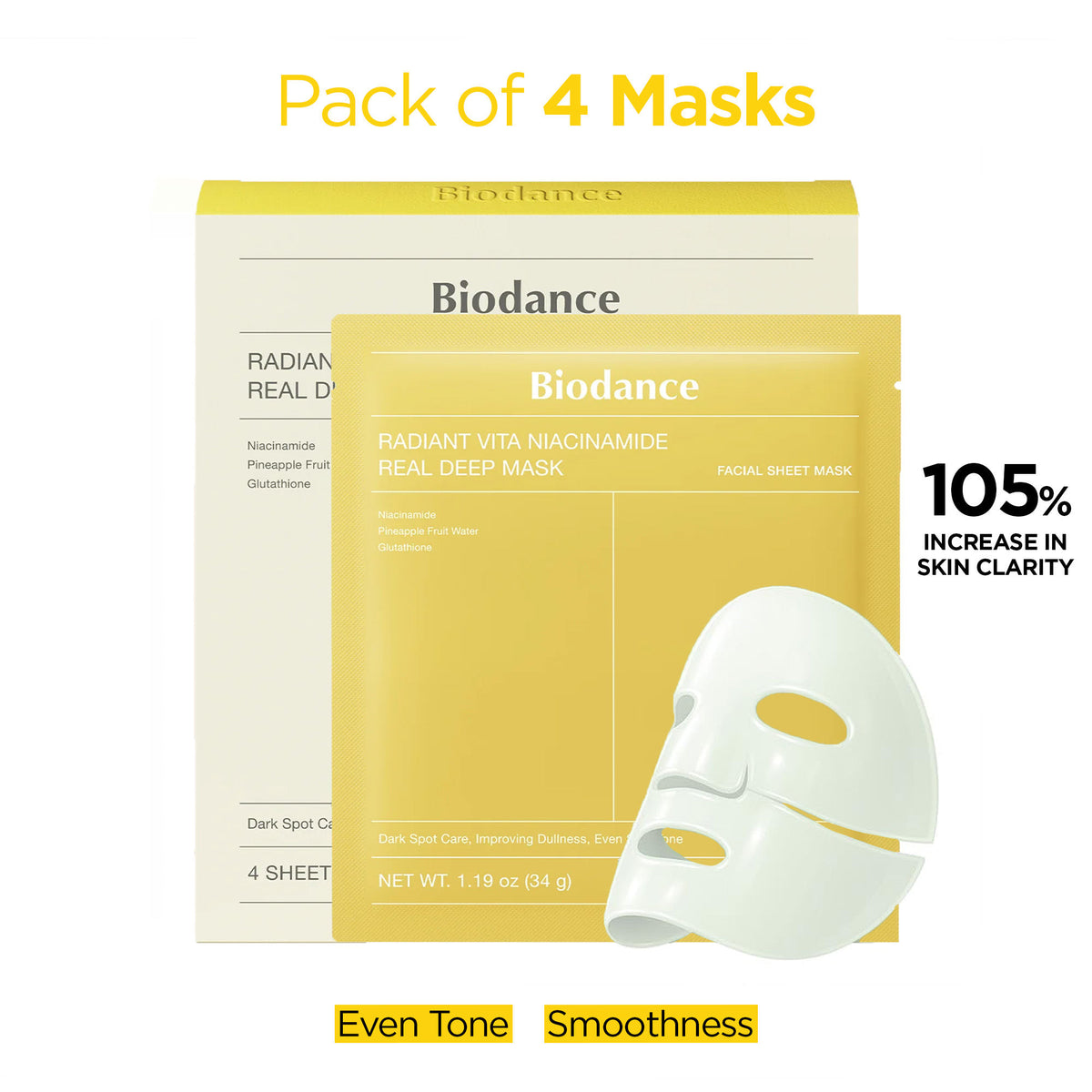 Biodance Radiant Vita Niacinamide Deep Mask pack of 4, featuring skincare masks with niacinamide for brightening and hydration.