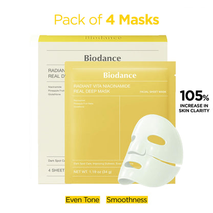 Biodance Radiant Vita Niacinamide Deep Mask pack of 4, featuring skincare masks with niacinamide for brightening and hydration.
