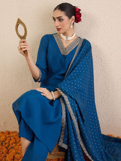 Indyancart IE Ethnic Motifs Embroidered Regular V-Neck Straight Kurta With Trousers & Dupatta