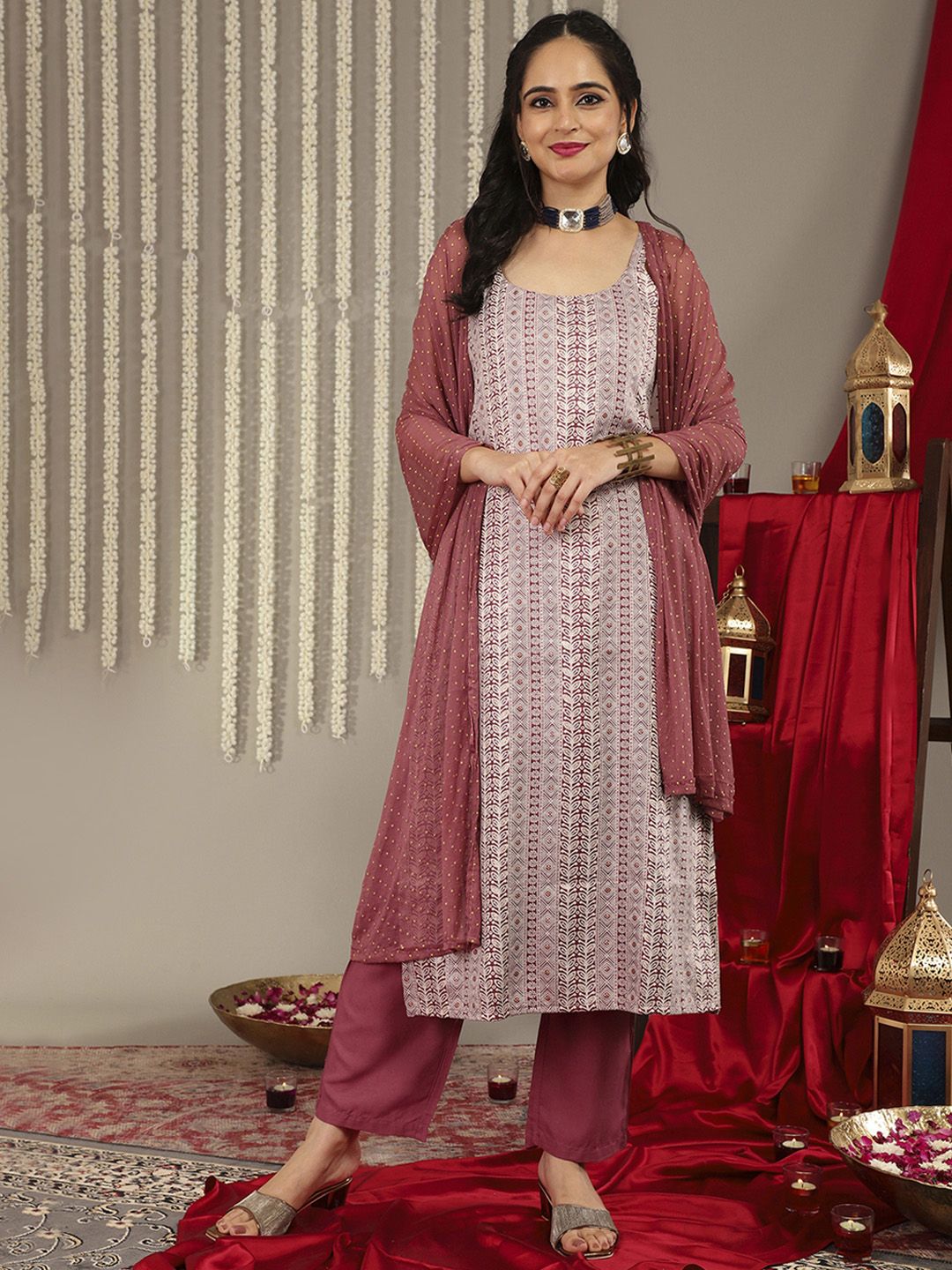 Indyancart VA Women'sMauve Ethnic Motifs Woven Design Kurta with Trousers & Dupatta