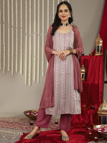 Indyancart VA Women'sMauve Ethnic Motifs Woven Design Kurta with Trousers & Dupatta