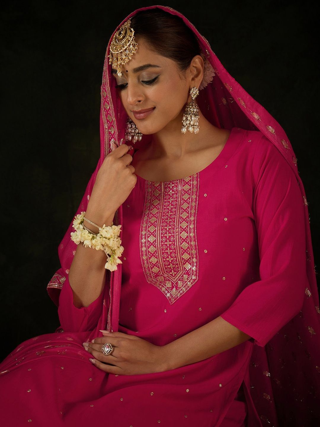 Women Ethnic Motifs Embroidered Regular Gotta Patti Kurta with Palazzos & With Dupatta