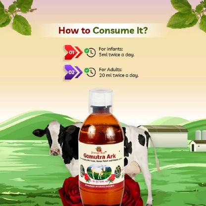 Axiom Goumotra Ark Ayurvedic drink in a clear glass bottle with a colorful label, showcasing the health-focused beverage.