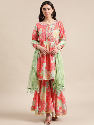 Indyancart VA Women's Coral Floral Printed Empire Kurta with Sharara & With Dupatta